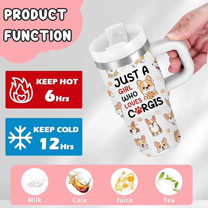 Corgi Gifts - 14 Oz Cartoon Kids Corgi Tumbler with Handle and Straw, Stainless Steel Insulated Water Bottle, for Boys Girls, School, Travel - Funny Dog Themed Children Birthday Gift Cup(1pc)