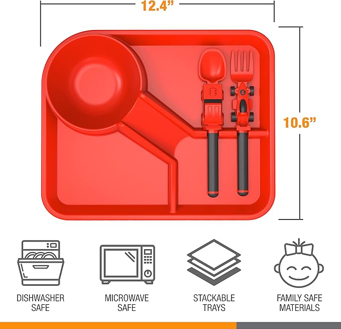 Dinneractive Dining Set for Kids - 3PC Red Race Car Dinnerware - Race Car Utensils - Toddler Plates - Baby Dishes