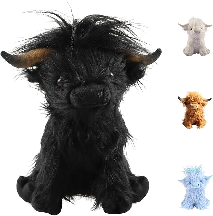 Highland Cow Fluffy Stuffed Animal, 10" Adorable Realistic Plush Toy Soft Cute Cow Plushie Home Decor Gift for Boys Girls Kids Teens Adults, Black