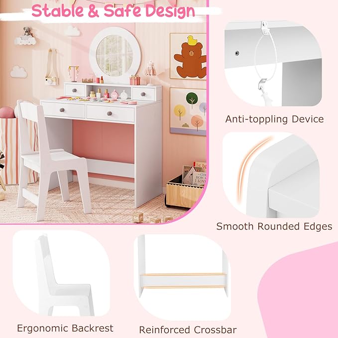 Costzon Kids Vanity, Princess Makeup Dressing Desk with Mirror and Stool, 4 Storage Drawers, Pretend Play Vanity Table and Chair Set for Little Girls (White)