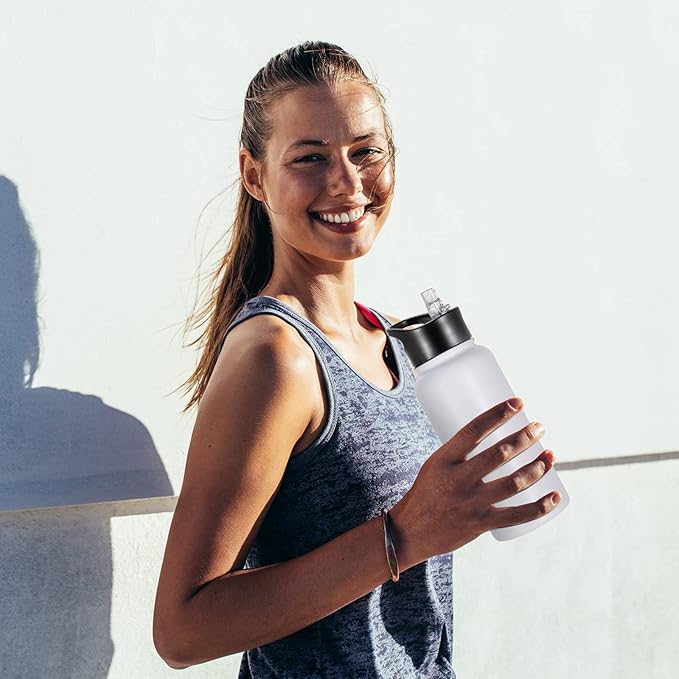 32 oz Insulated Water Bottle Bulk 8 Pack, Stainless Steel Sports Water Bottles with Straw Lid & Wide Mouth Lids, Double Walled Vacuum, Leak Proof, White