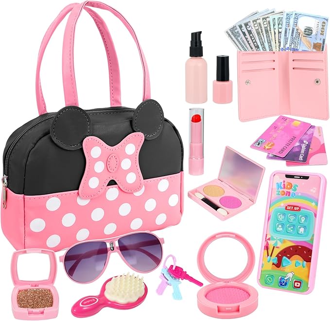 Pretend Play Purse for Little Girls, Toddler Purse with Pretend Makeup Toys for Toddlers, Princess Pretend Play Purse Toys with Accessories, Kids Purse Toy Birthday Gift for Girls Age 3 4 5 6+