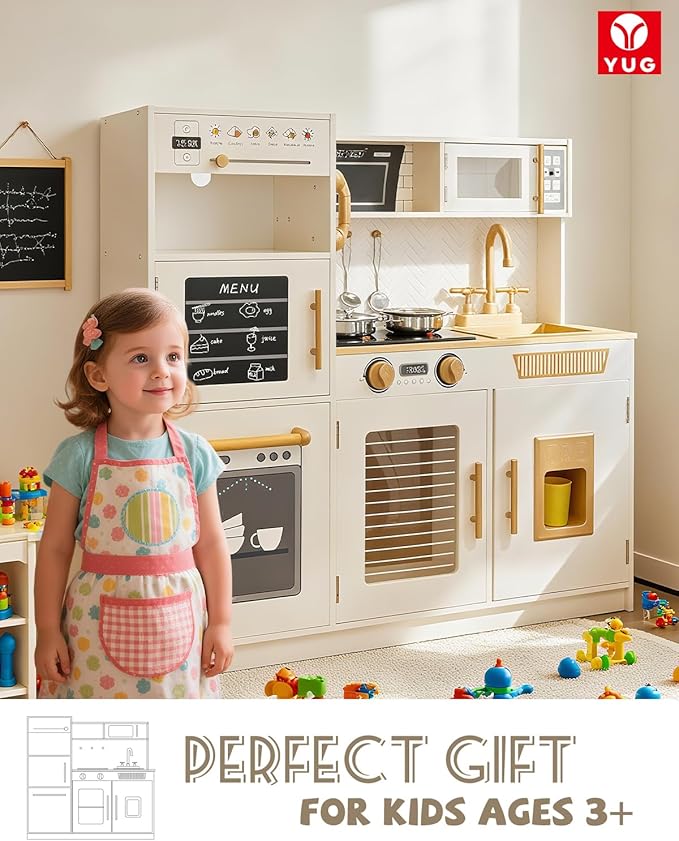 YUG Kids Play Kitchen Set with Real Lights & Sounds Toddler Kitchen Playset Including Stove, Oven, Dishwasher, Ice Maker, Pretend Kitchen Toy for Boys Girls Ages 3+, ASTM CPSIA Compliant