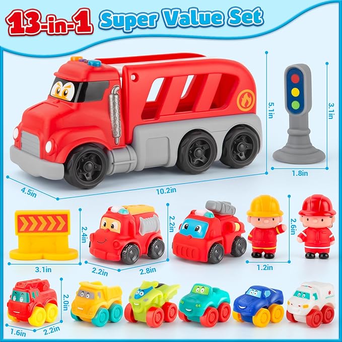 Soft Rubber Toy Figure Car for 1 Year Old Boy 13 PCS Cartoon Cars with Trailor Baby Toys for 12-18 Months & Toddler Age 1-2|First Birthday, for 1 2 3 Year Old Boy