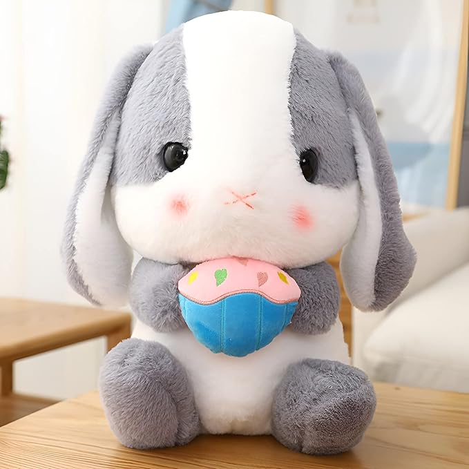 HOUPU Soft Toy - Sitting Lop Eared Rabbit, Easter White Rabbit Stuffed Bunny Animal with Carrot Soft Lovely Realistic Long-Eared Standing Pink Plush Toys (Ash White-Cake,16.9in/43cm)