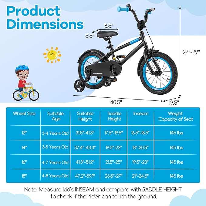 BABY JOY Colorful Macarons Kids Bike, 12 14 16 18 Inch Sporty Children's Bicycle with Training Wheels, Adjustable Handlebar & Saddle, Handbrake & Coaster Brake, Boys Girls Bike for 3-8 Years Old