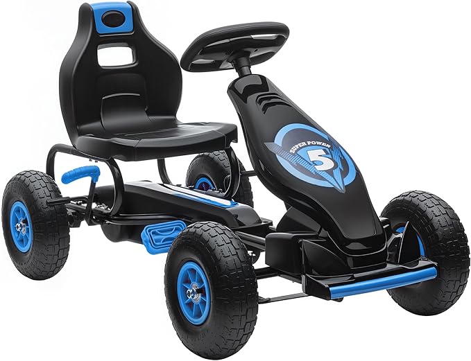 Aosom Kids Pedal Go Kart Ride-on Toy with Ergonomic Comfort, Pedal Car with Tough, Wear-Resistant Tread, Go Cart Kids Car for Boys & Girls with Suspension System, Safety Hand Brake, Ages 5-12, Blue