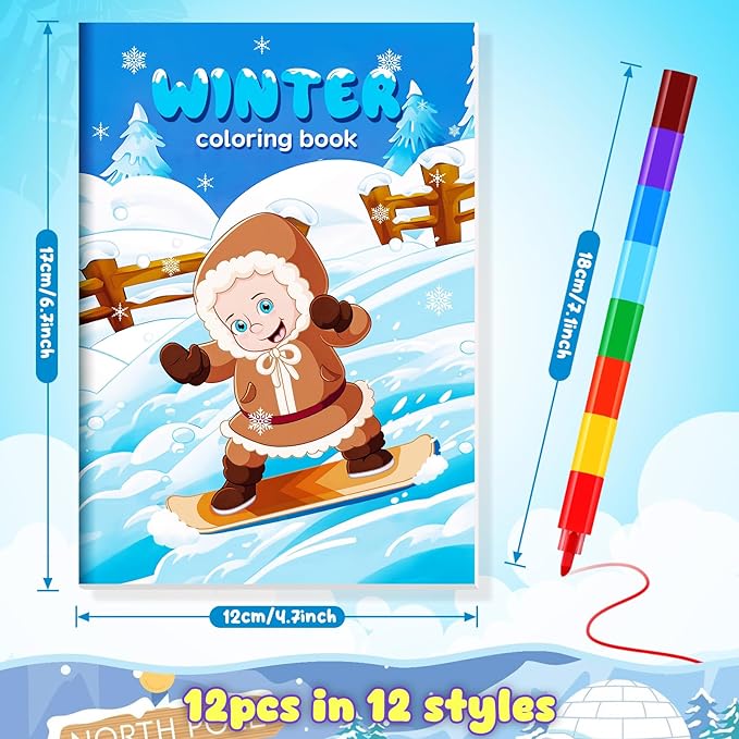 BenLouis 12 Winter Mini Coloring Books Kids with 12 Stacking Crayons Polar Animals Party Favors Small Activity Books Bulk for Kids Winter Holiday Party Gift Goodie Bag Stuffers