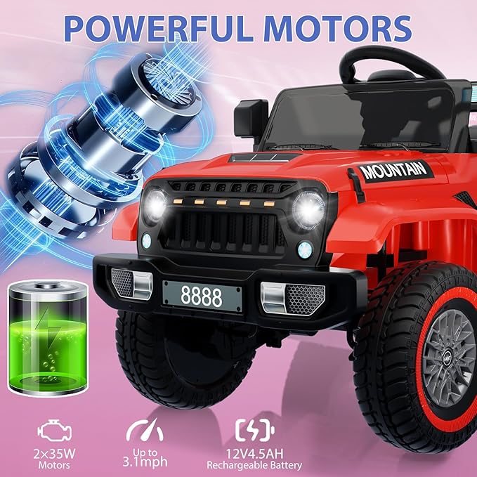 12V Kids Ride On Truck Car, Battery Powered Electric Vehicle Toy w/Parent Remote Control, Spring Suspension, 3 Speeds, LED Light, Music & Horn, Electric Cars for Kid, Gift for Boy Girl, Red