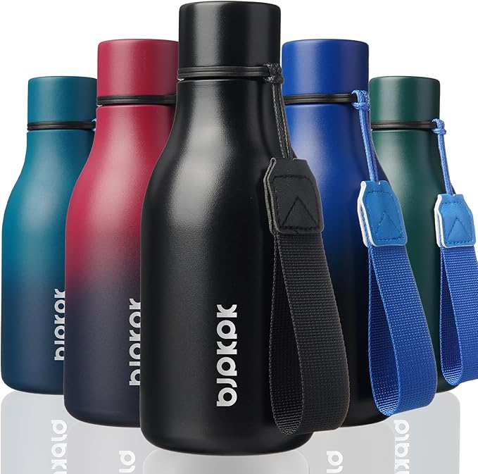 BJPKPK Insulated Water Bottles, 12oz Stainless Steel Metal Water Bottle with Strap, BPA Free Leak Proof Thermos, Mugs, Flasks, Reusable Water Bottle for Sports & Travel, Black
