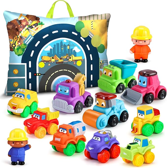 Soft Rubber Cars Toy for 1+ Year Old Boy with Playmat (Storage Bag)|12 PCS Construction Cars Baby Toys for Toddler Toys Age 18 Months |First Birthday Gift for 2 3 Year Old Boy
