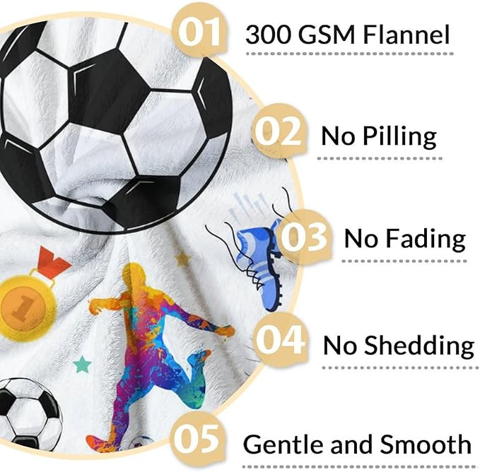 Soccer Blanket for Kids - 40x50 Inches Small Size - Soft Fuzzy Cozy Throws Gifts for Soccer Players - Colorful Sports Throw Blanket for Couch, Living Room & Office