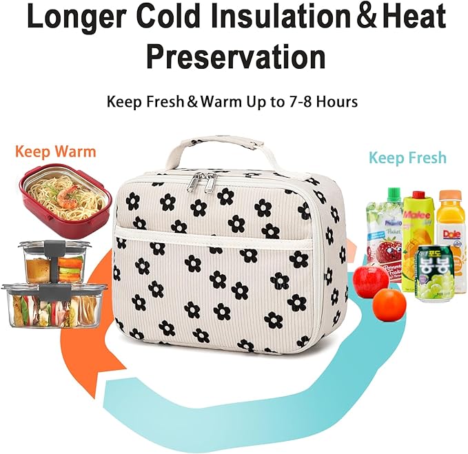 Bluboon Kids Girls Lunch Bag Insulated Lunch Box for school Corduroy Lunch Cooler Organizer School Kids Lunch Tote (Corduroy Beige Floral)
