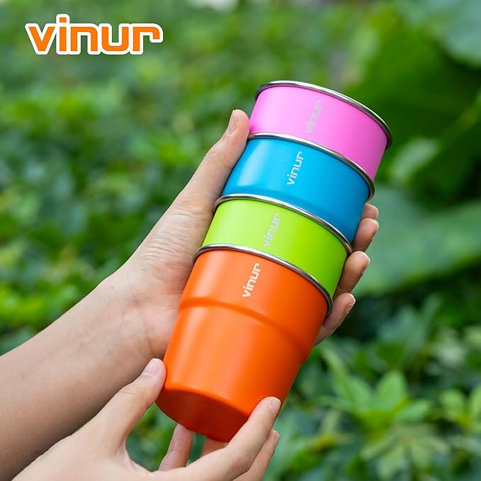 VINUR Kids Stainless Steel Cups-8 oz Stackable Metal Drinking Tumbler Glasses for Travel, Camping, Outdoors (Sky Blue-Orange-Hot Red-Apple Green)