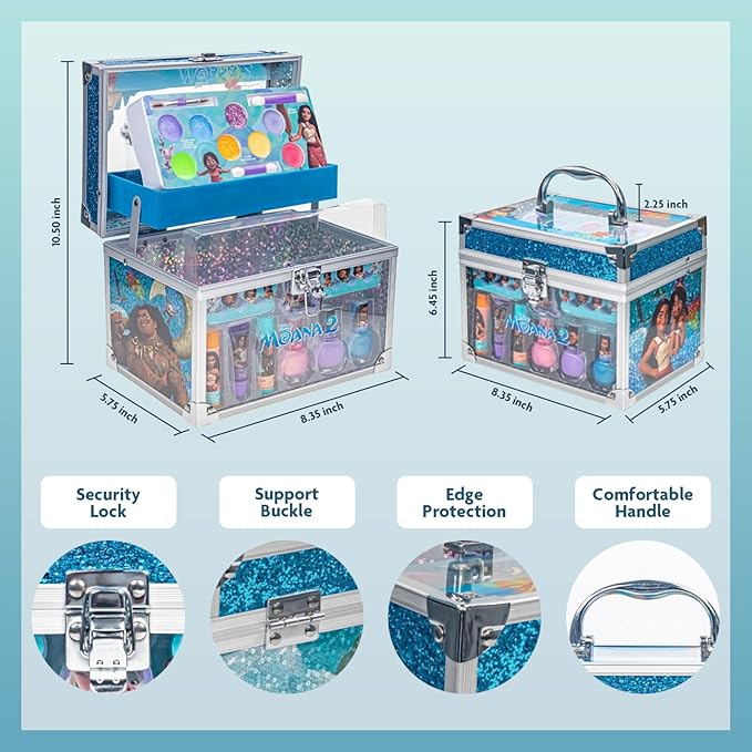 Moana 2 Train Case Beauty Set, Kids Makeup Kit for Girls, Real Washable Makeup Set, Play Makeup, Party Favor, Birthday, Ages 3 4 5 6 7 8 9 10 11 12 by Townley Girl