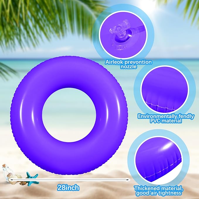 6 Pcs Inflatable Pool Floats 28 Inches Swim Tube Bulk for Adults Swimming Ring Pool Floaties for Beach Party Decorations Women and Men River Lake Summer Vacation Holiday (Light Purple)