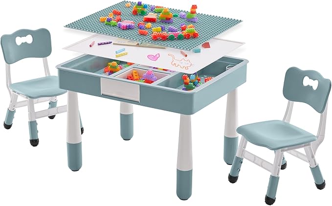 4 in 1 Kids Table and 2 Chairs Set with Storage, Toddler Table and Chair Set for Kids Ages 3-10, Graffiti & Building Blocks Double-Sided Tabletop (Grayish Blue, 2 Chairs)