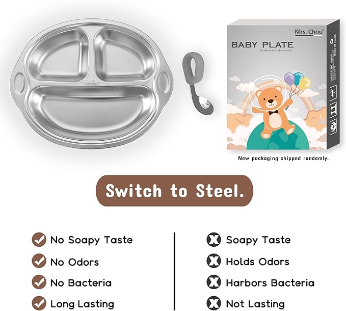 Stainless Steel Baby Suction Plates: Divided Plates for Babies and Toddlers, Made of 100% Food-Grade Materials Ideal for Baby-Led Weaning BPA-Free Toddler Feeding Dishwasher Safe Gray