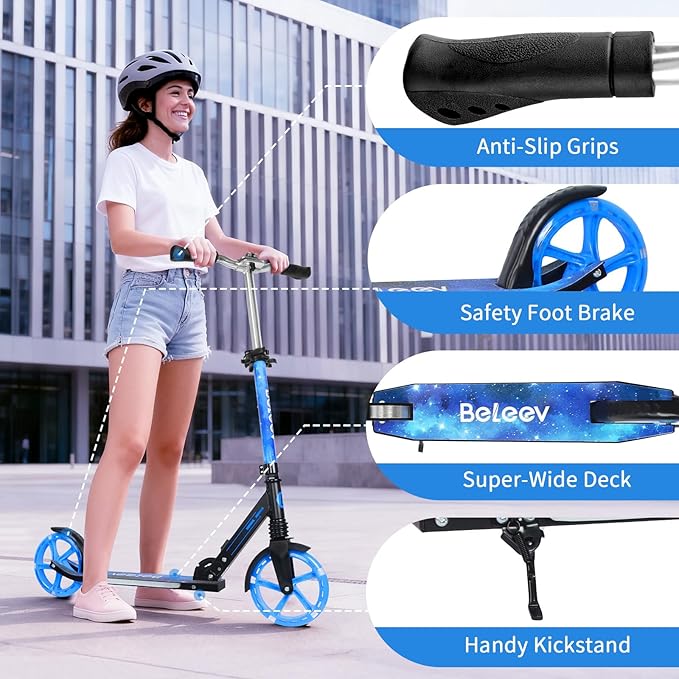 BELEEV V5 Plus Scooters for Kids Ages 6+, Teens with Light-Up Wheels & Deck, 2 Wheel Folding Lightweight Sport Scooter with 4 Adjustable Height, 8-inch Big Wheels, Carry Strap, Max Load 220 lbs