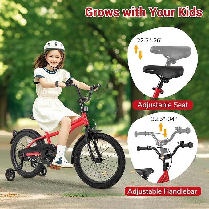 COSTWAY 12/14/16/18 Inch Kids Bike, Children Toddler Bicycle with Training Wheels, Adjustable Seat & Handlebar, Handbrake & Coaster Brake, Reflectors, Bell, Suitable for 3-8 Years Old Boys Girls