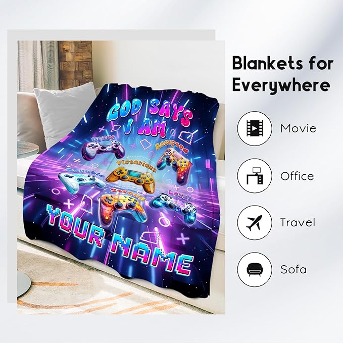 Personalized Gaming Throw for Boys, Soft Plush Fleece Kids Blanket for Couch, God Says I Am Blanket for Kids, Gamer Room Decor Gift, 40"x50"