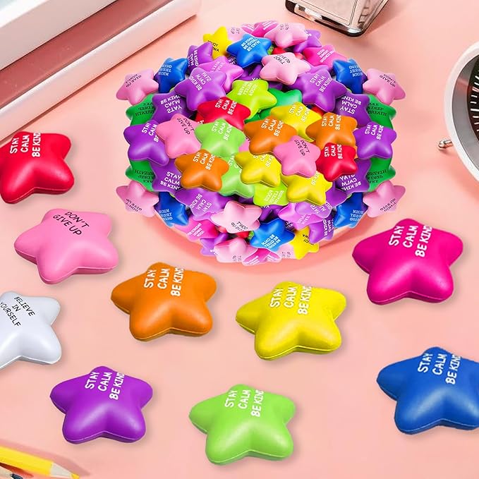 100PCS Bulk Star Stress Balls for Adults & Kids - Motivational Quotes Soft Foam Stress Relief Squeeze Toys, Fidget Anxiety & Anger Relief at Work/School/Home, Perfect Party Favors (Multi-Color)