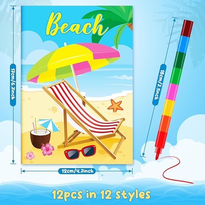 BenLouis 12 Summer Mini Coloring Books Kids with 12 Stacking Crayons Pool Beach Party Favors Small Activity Books Bulk for Kids Summer Birthday Party Gift Goodie Bag Stuffers