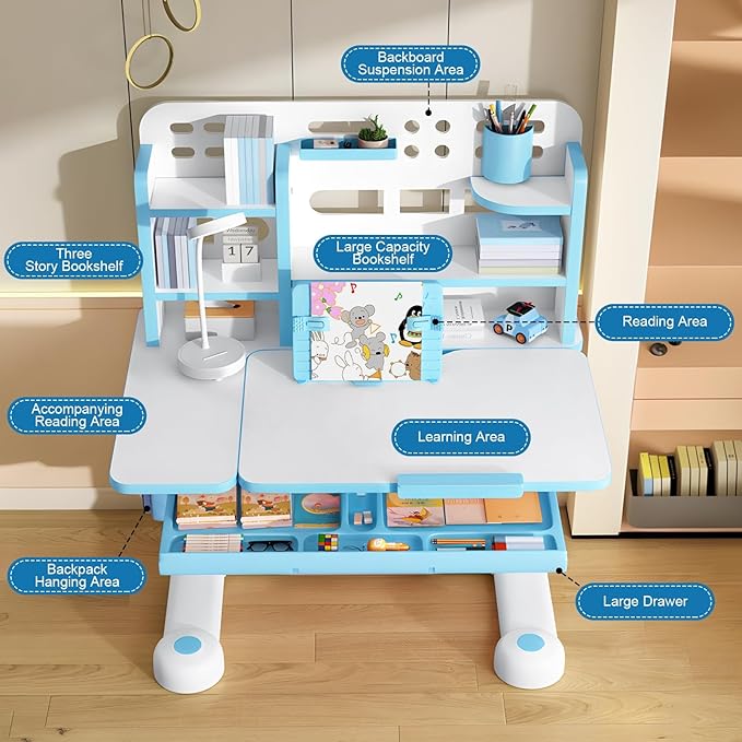 Upgraded Kid's Desk and Chair Set, Adjustable Children's Study Table with Bookshelf and Storage Drawer, 50-Degree Tiltable Desktop with Chair for Bedroom Blue