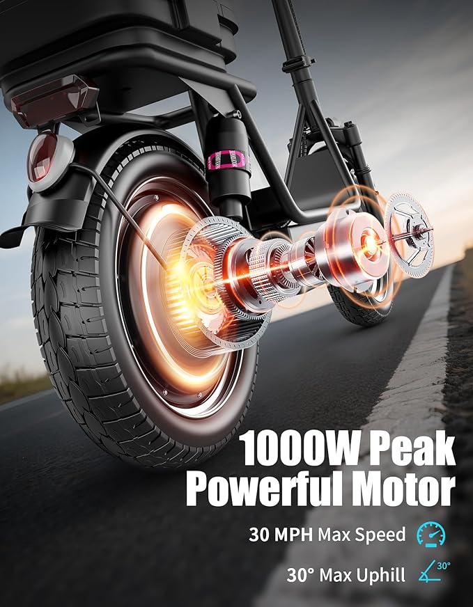 Electric Scooter Adults, 1000W Peak Motor, 40 Miles Range Scooter with Seat, 30MPH Top Speed, Foldable Escooter with Large Middle Basket for Pets and Cargo, Dual Suspension for Commuting