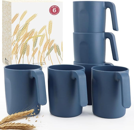 16oz Wheat Straw Cups with handles set of 6-Plastic Cups Reusable-Unbreakable Kids Mugs-Dishwasher Safe & Microwave Safe-Ideal Plastic Mugs for Tea,Coffee,Camping,RV-Navy Blue