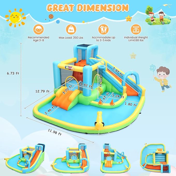 Whubefy Inflatable Water Slide Bounce House for Kids Backyard Blow Up Water Park with Dual Slides & Double Splash Pools, Ring Toss & Water Cannon, Arch & Overhead Sprinkler for Indoor Outdoor Play