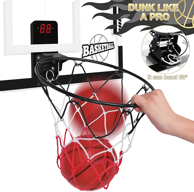 Large Basketball Hoop Indoor, 24" x 16" Mini Basketball Hoop for Kids, Over The Door Basketball Hoop with Scoreboard, Balls & Pump, Sport Toys for Teens Adults Boys Girls Office Bedroom