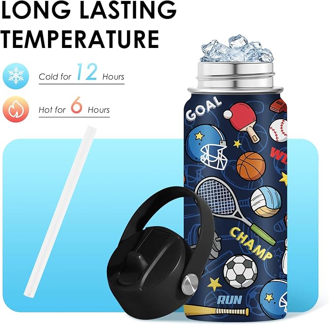 Sports Gifts for Men & Women - 16oz Water Bottle with Straw Lid, Stainless Steel Insulated Tumbler, Leakproof, BPA-Free, for Her, Daily Use, Travel - Sport Lovers Birthday Gift Cup (1pc)