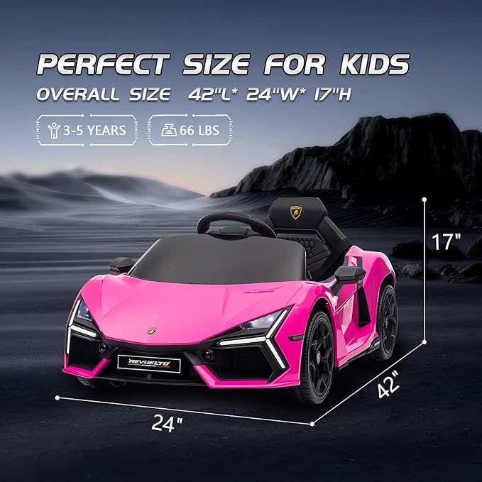 Winado 12V Ride on Car, Licensed Lamborghini Revuelto Electric Car for Toddlers W/Remote Control, Battery Car for Kids with Bluetooth, Hydraulic Doors, 3 Speeds, LED Lights, Music (Pink)