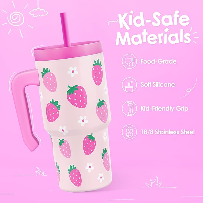 Strawberry Tumbler 20oz with Handle and Silicone Straw Lid for Kid, Insulated Stainless Steel Cup, Gift for Kids Girls, Gifts Idea for Birthday Christmas Back to School