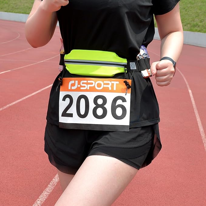 RJ-Sport Triathlon Belt with Pouch - Race Number Bib Holder with 6 Gel Loops, Ideal for Running, Cycling & Marathon (Yellow)