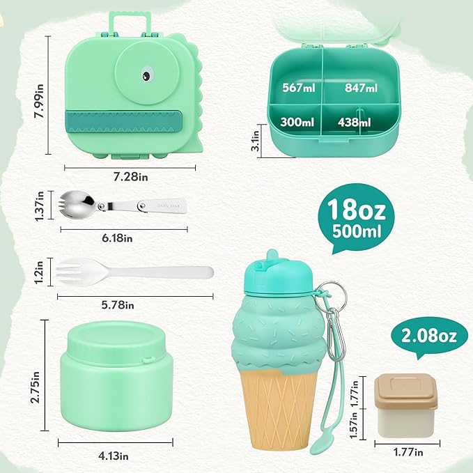 Dinosaur Lunch Box for Kids with Secret Compartment | 4 Compartments Bento Box + 12oz Insulated Food Jar | Leak-Proof Sauce Cup & Collapsible Spoon | BPA-Free, Dishwasher Safe(Green+Green Jar)