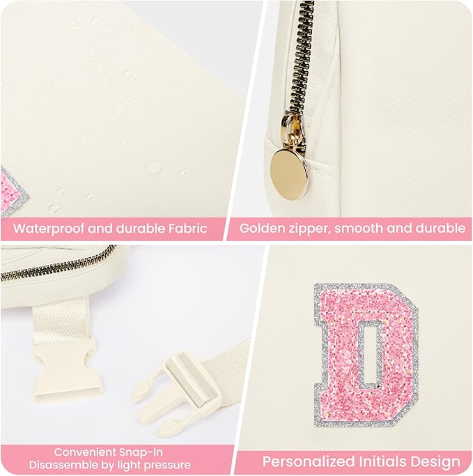 Christmas Gifts for Girls Teen, Initial Belt Bag for Women Girls, Crossbody Bag Waist Packs Teens Fanny Pack, Personalized Accessories for Preppy Cute Stuff Gifts for Teens Girls Kids (Cream, D)