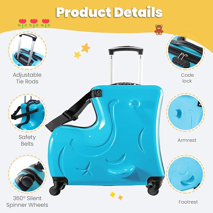 20" Kids Ride On Suitcase with Wheels and Password Lock, Scooter Luggage for Toddlers Travel, Durable Children's Suitcase for Boys & Girls Ages 2-6Years (20 Inch)