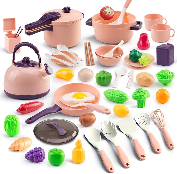 56Pcs Mini Play Kitchen Accessories for Kids, Pretend Cooking Playset with Cookware, Tableware & 2 Fruit Sets, Learning Gift for Girls, Boys, Toddlers, Pink