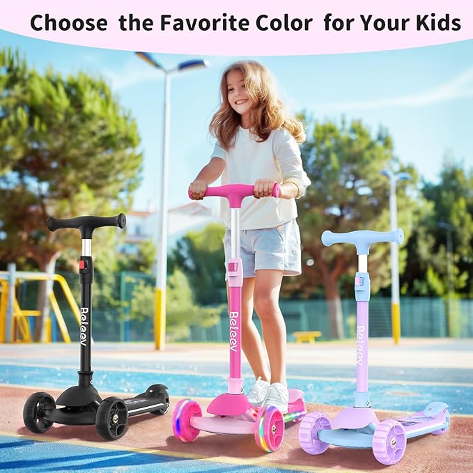 BELEEV A9 Kids Scooter with LED Light-Up Wheels & Deck, 3 Wheel Folding Scooter for Toddlers Girls Boys Ages 3-12, Adjustable Handlebar, Lean to Steer, Extra-Wide Wheels, Kick Scooter for Children