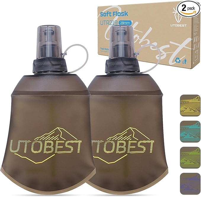 UTOBEST 150ml Soft Flask, 2 Pack Flexible TPU Hydration Water Bottle, Collapsible with 28mm Caliber for Running, Hiking, Cycling, Climbing, and Marathon Yellow