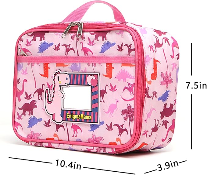 Pink Dinosaur Lunch Box Girl Lunch Bag with Name Tag Reusable 4-6hrs Insulated Square Portable Lunch Bag for Toddler Small Leakproof Cute Cooler Organizer Tote bag (Pink bag)