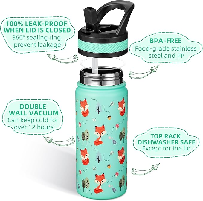 Fanhaw 18 Oz Kids Insulated Water Bottle with Straw - Stainless Steel Double Wall Vacuum Cup, Leakproof, BPA Free, Suitable for Boys and Girls(Green - Little Fox)