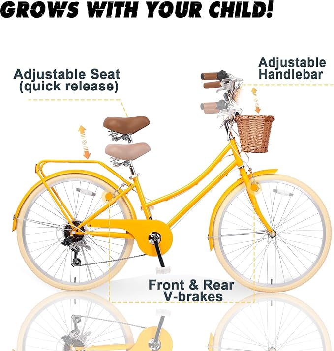 Glerc 20 24 26 Inch Beach Cruiser Bike, 6-Speed Hybrid City Bicycle for Girls Youth and Over 6 Years Old, Missy Bike with Wicker Basket & Lightweight, Multiple Colors