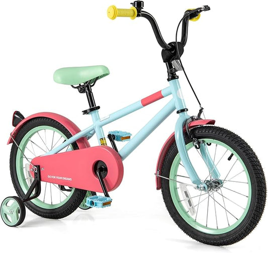 BABY JOY Colorful Macarons Kids Bike, 12 14 16 18 Inch Sporty Children's Bicycle with Training Wheels, Adjustable Handlebar & Saddle, Handbrake & Coaster Brake, Boys Girls Bike for 3-8 Years Old