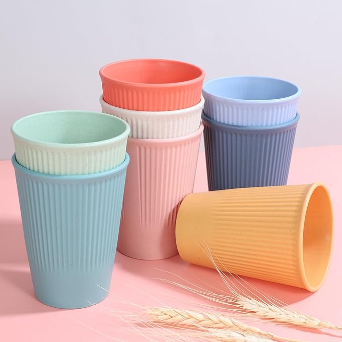 Wheat Straw Cups, Unbreakable Drinking Cup Dishwasher Safe Water Glasses with 8 Colors for Drinking Water, Juice,Milk, Soda, Coffee,Easy to Clean & Reusable (8 Pcs)
