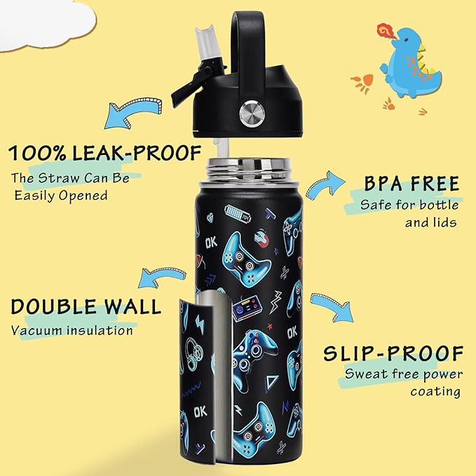 18oz Kids Insulated Water Bottle with Straw Lid - 18/8 Stainless Steel Kid Cup BPA-FREE Travel Tumbler Double Wall Vacuum Leak Proof Portable Toddler Water Bottle (Game)