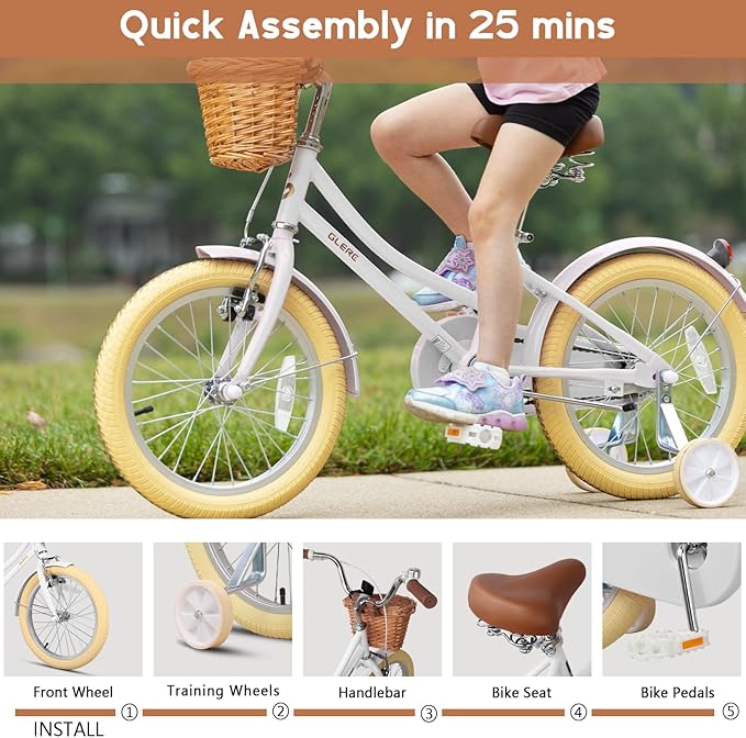 Glerc Little Molly 12-20 Inch Kids Retro Cruiser Bike for 2-13 Year Old with Wicker Basket & Training Wheels/Kickstand, Multiple Colors