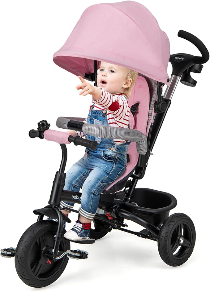 BABY JOY Tricycle, 6 in 1 Tricycle for Toddler w/Reversible Seat, Adjustable Canopy & Parent Handle, 5-Point Safety Belt, PU Wheels and Storage Basket, Push Tricycle for 9-60 Months (Pink)